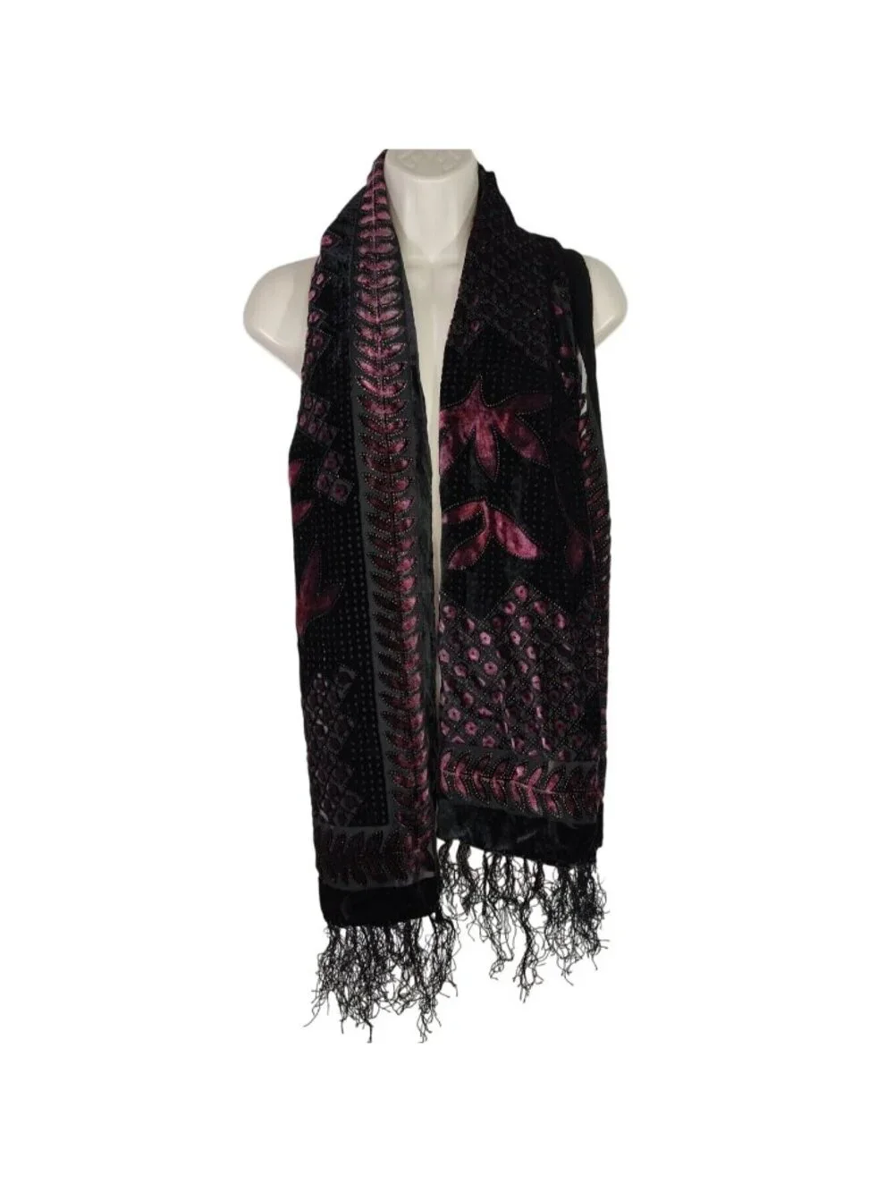 Black Pink Viscose Silk Flocked Scarf Wrap Fringe Lightweight Unbranded